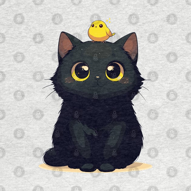 Cute Black Cat And Yellow Bird by TomFrontierArt